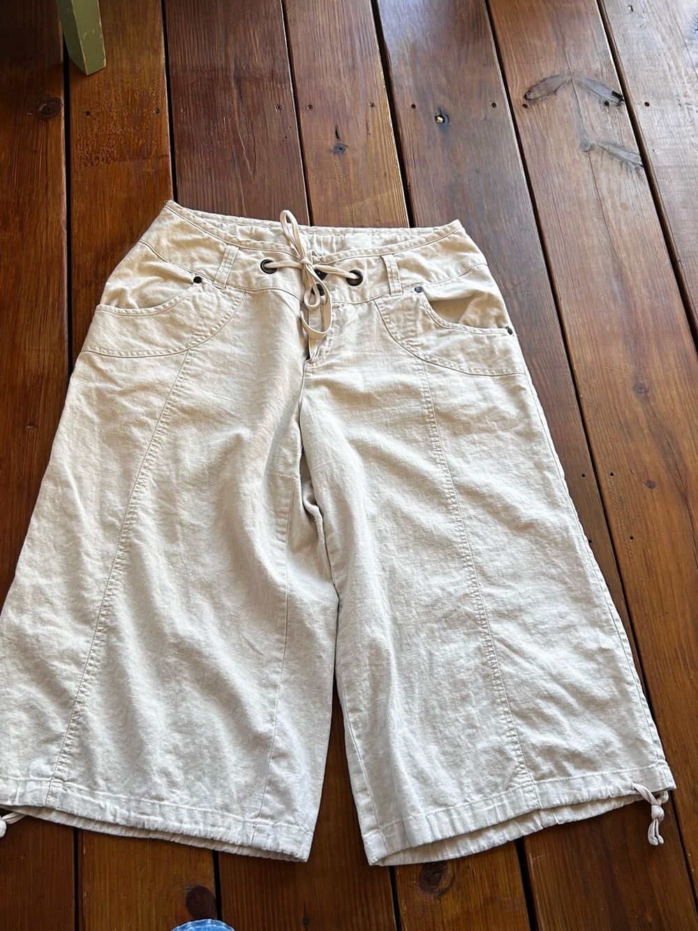 Venezia Linen Cotton Gaucho Capri Pants Size 16 Beige Wide Leg Coastal Boho